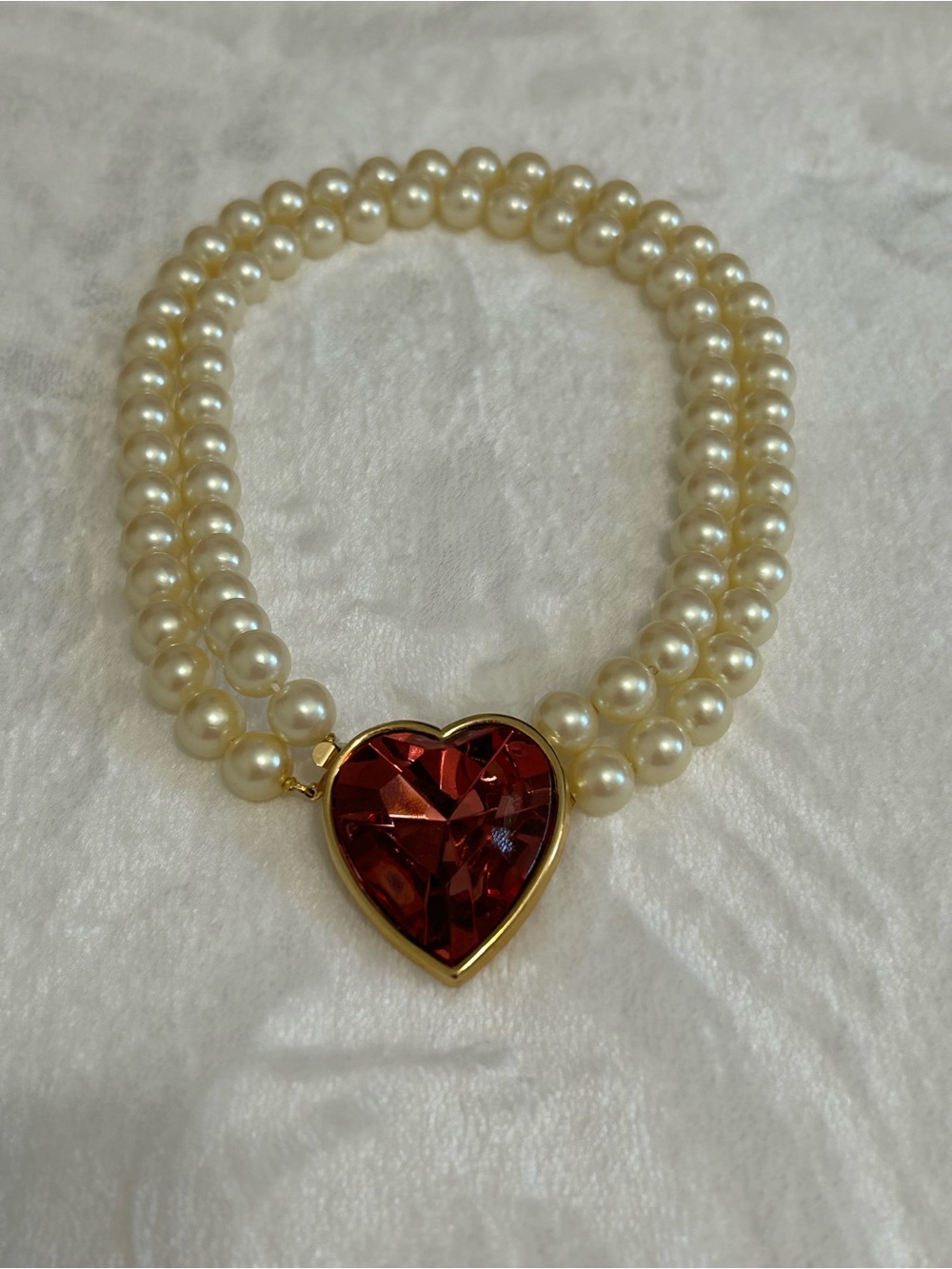 Richelieu Faux Pearl Double Strand Heart Necklace Red Crystal Statement Vintage